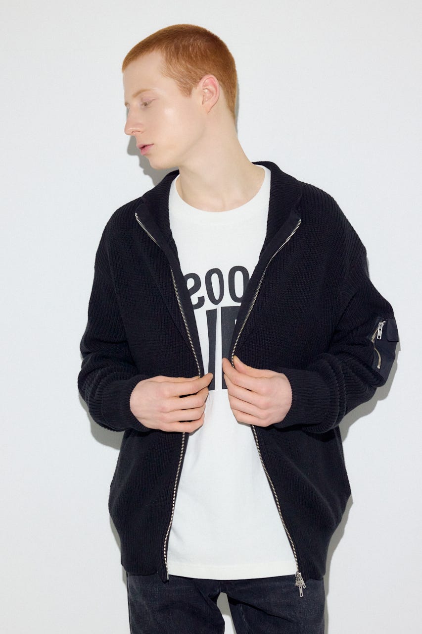 スタンドカラーWジップニット BLK L