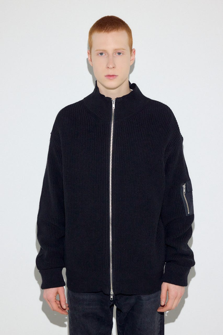 スタンドカラーWジップニット BLK L