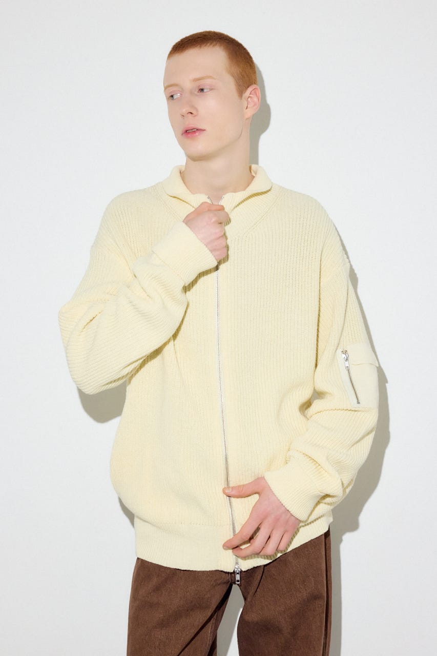 スタンドカラーWジップニット O/WHT M