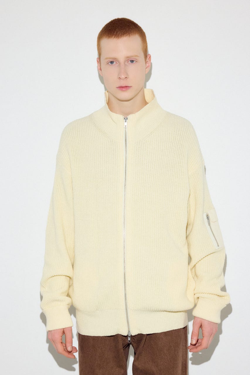 スタンドカラーWジップニット O/WHT M