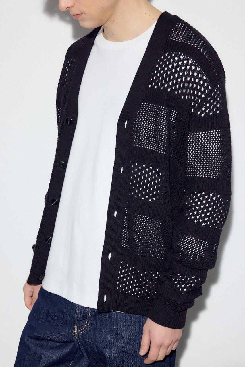 【SS先行アイテム】透かし編み柄変化カーディガン BLK L