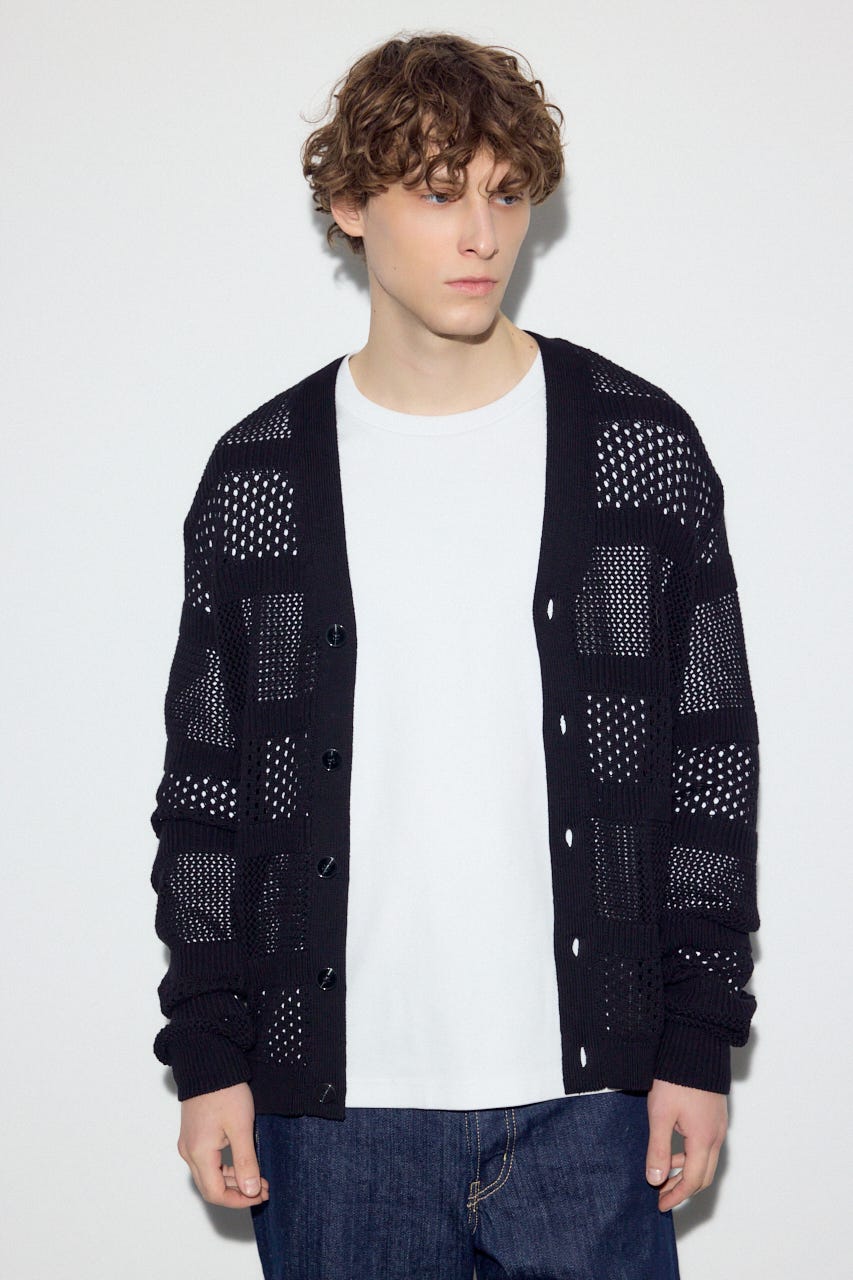 【SS先行アイテム】透かし編み柄変化カーディガン BLK L