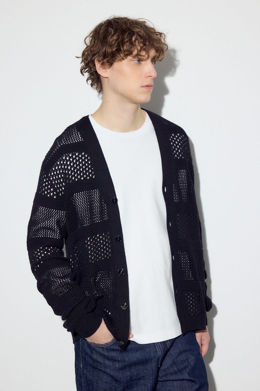 【SS先行アイテム】透かし編み柄変化カーディガン BLK L