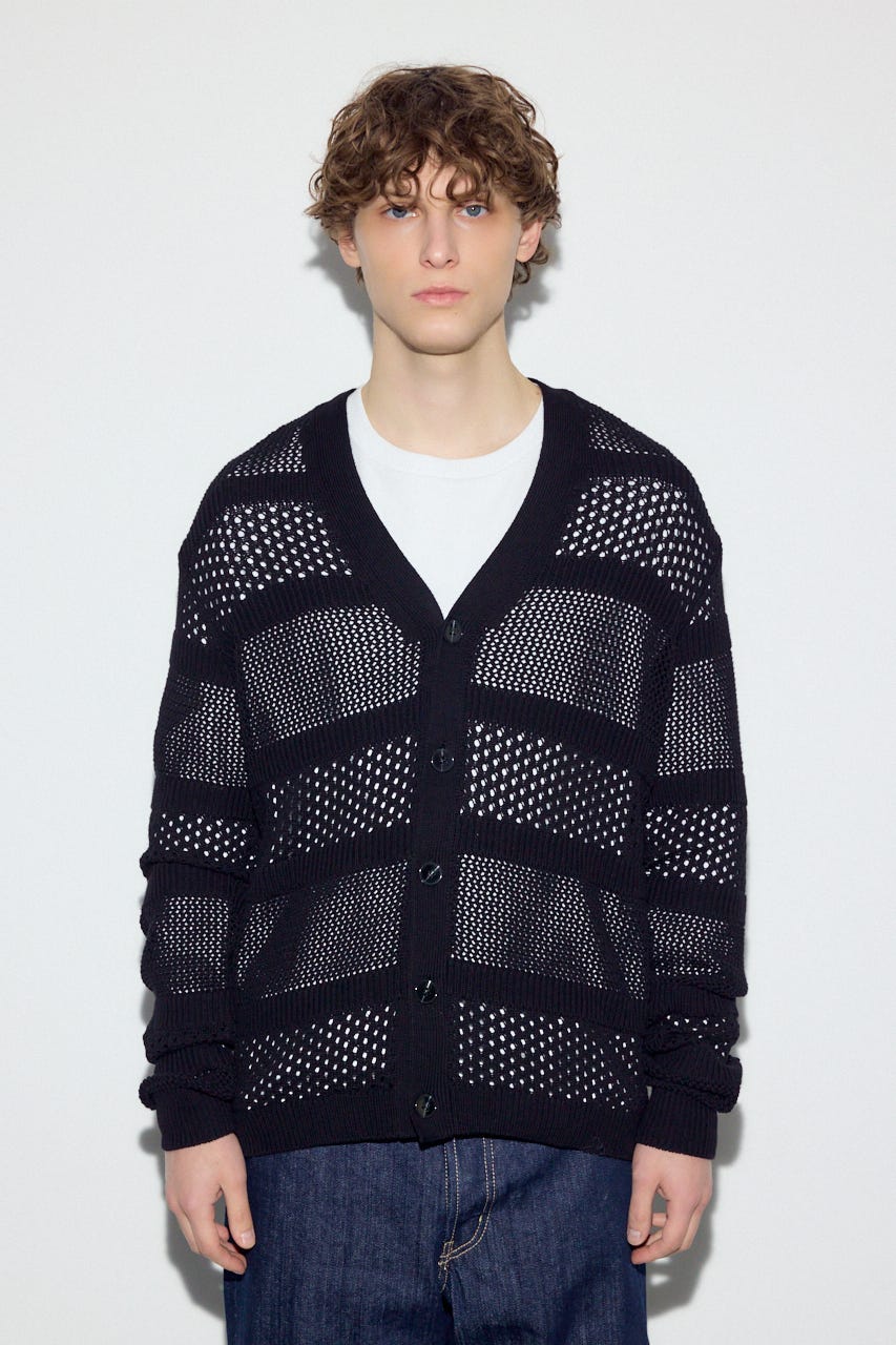 【SS先行アイテム】透かし編み柄変化カーディガン BLK L