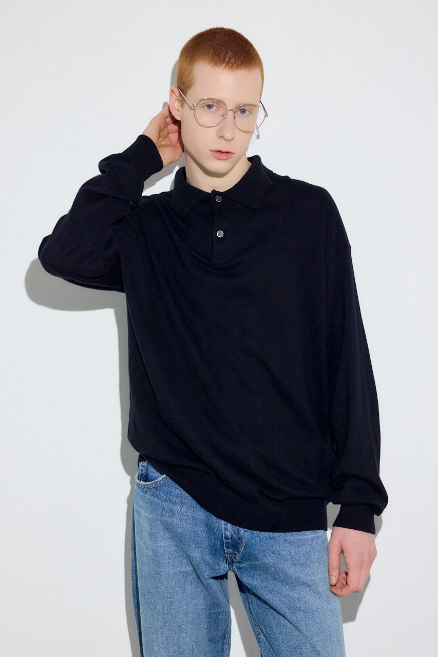 カシミヤミックスポロカラーニットトップス BLK M