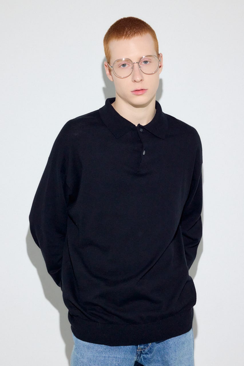 カシミヤミックスポロカラーニットトップス BLK M