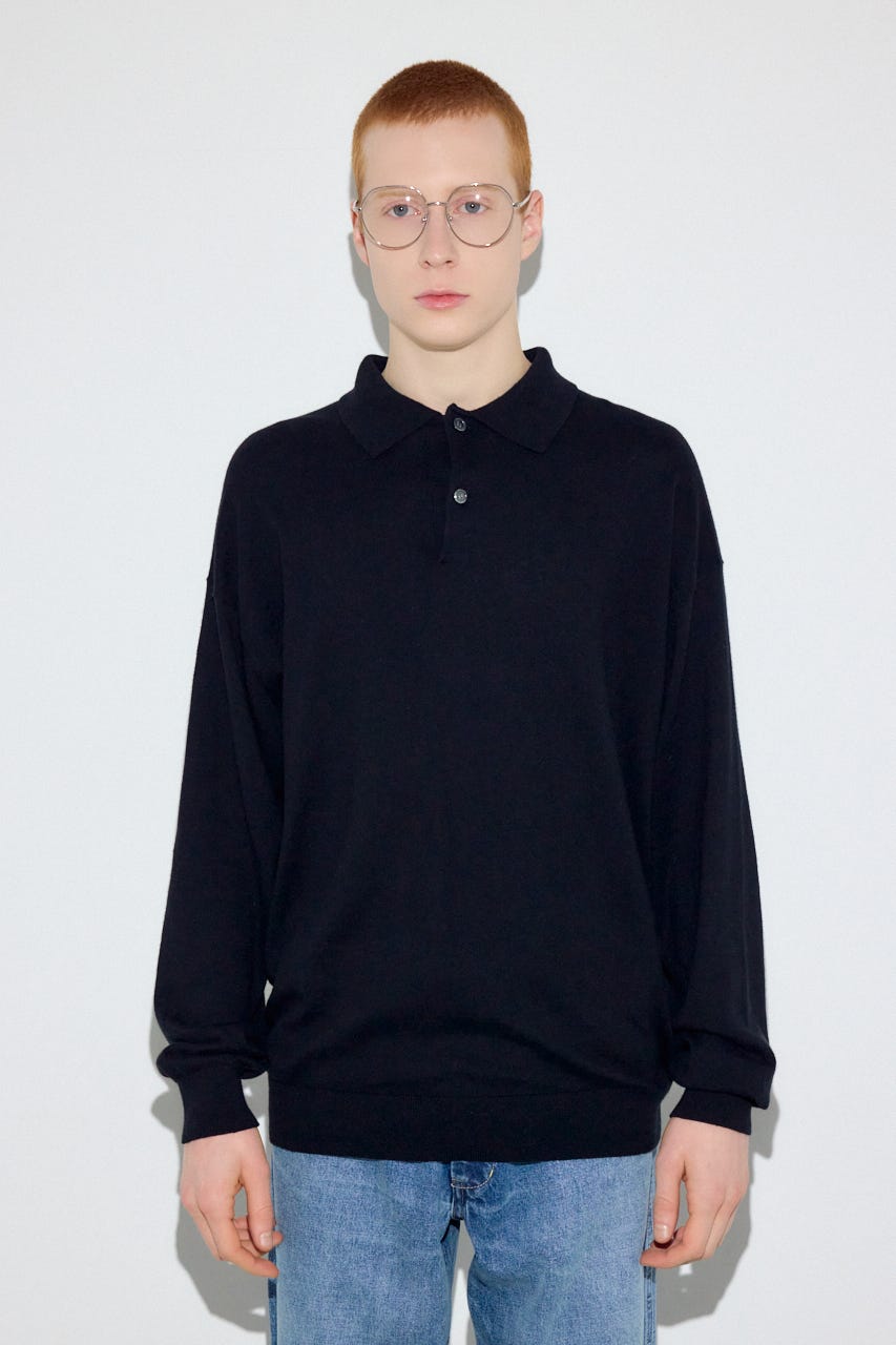 カシミヤミックスポロカラーニットトップス BLK M