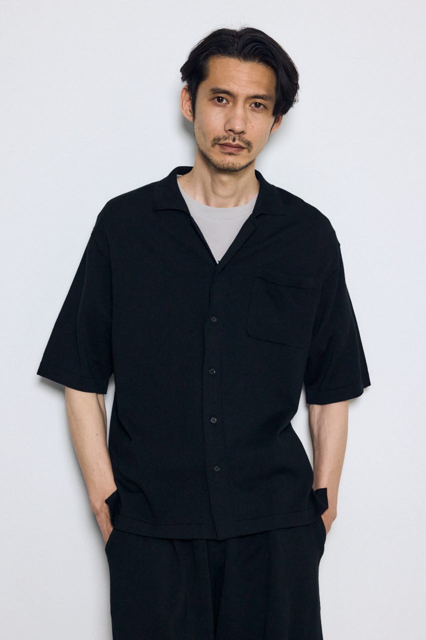 リラックスオープンカラーニットシャツ BLK M