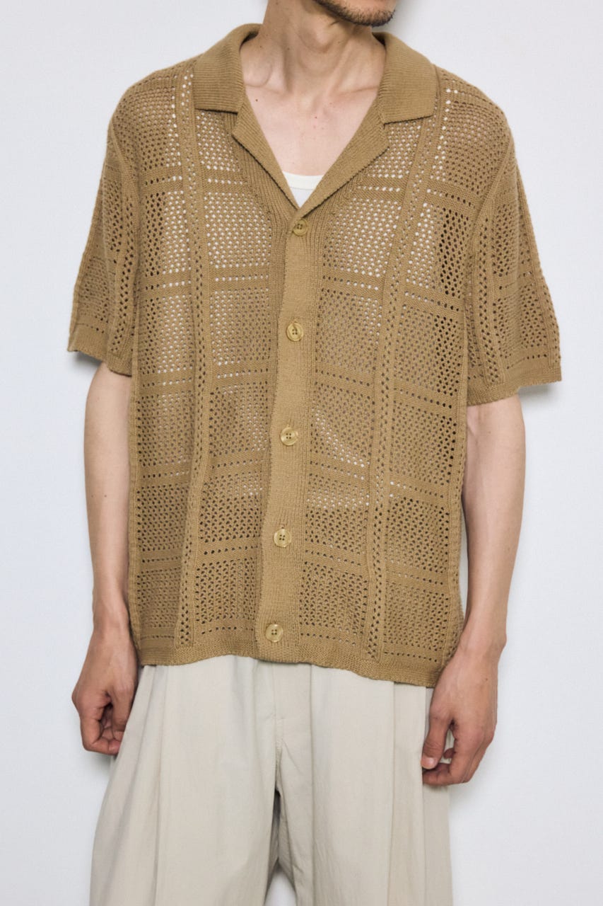 スクエアパターンニットメッシュシャツ BEG M