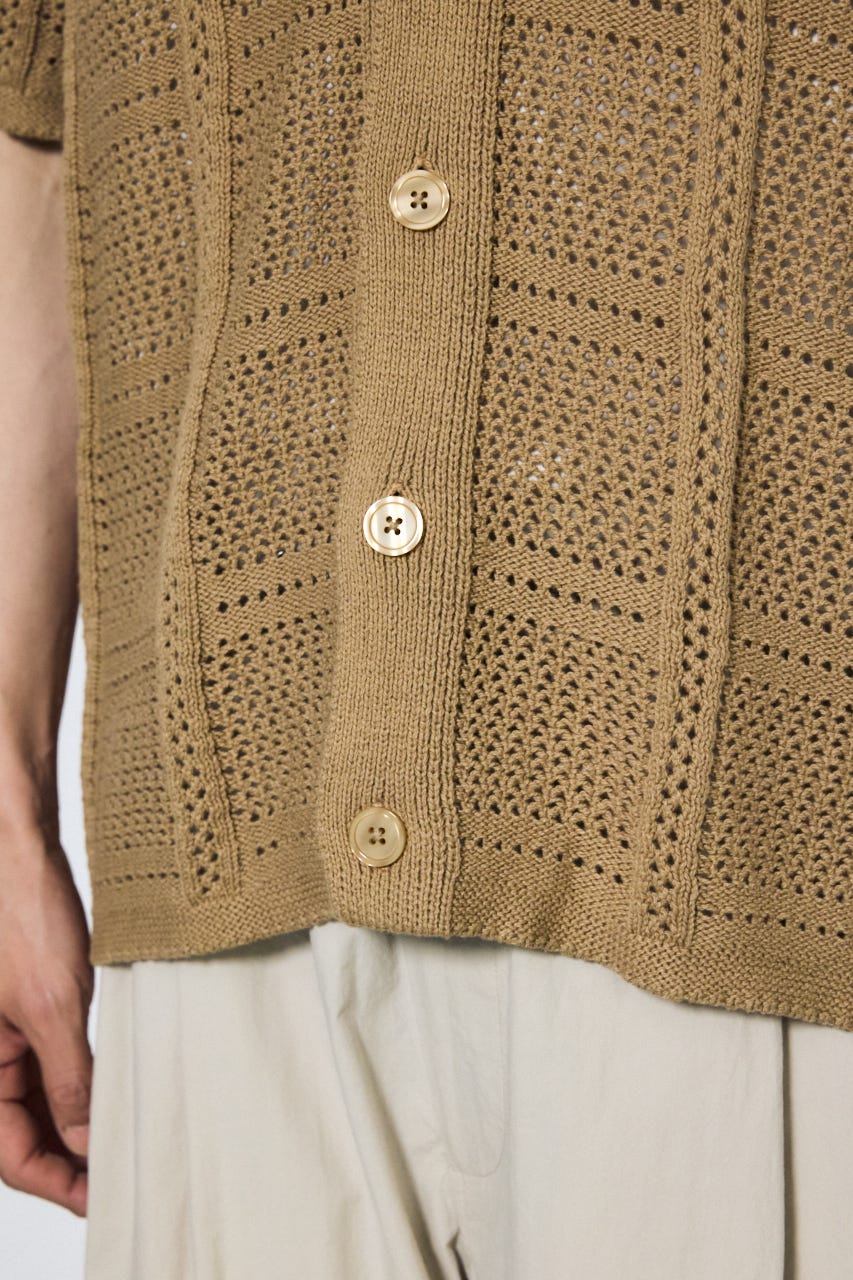 スクエアパターンニットメッシュシャツ BEG M