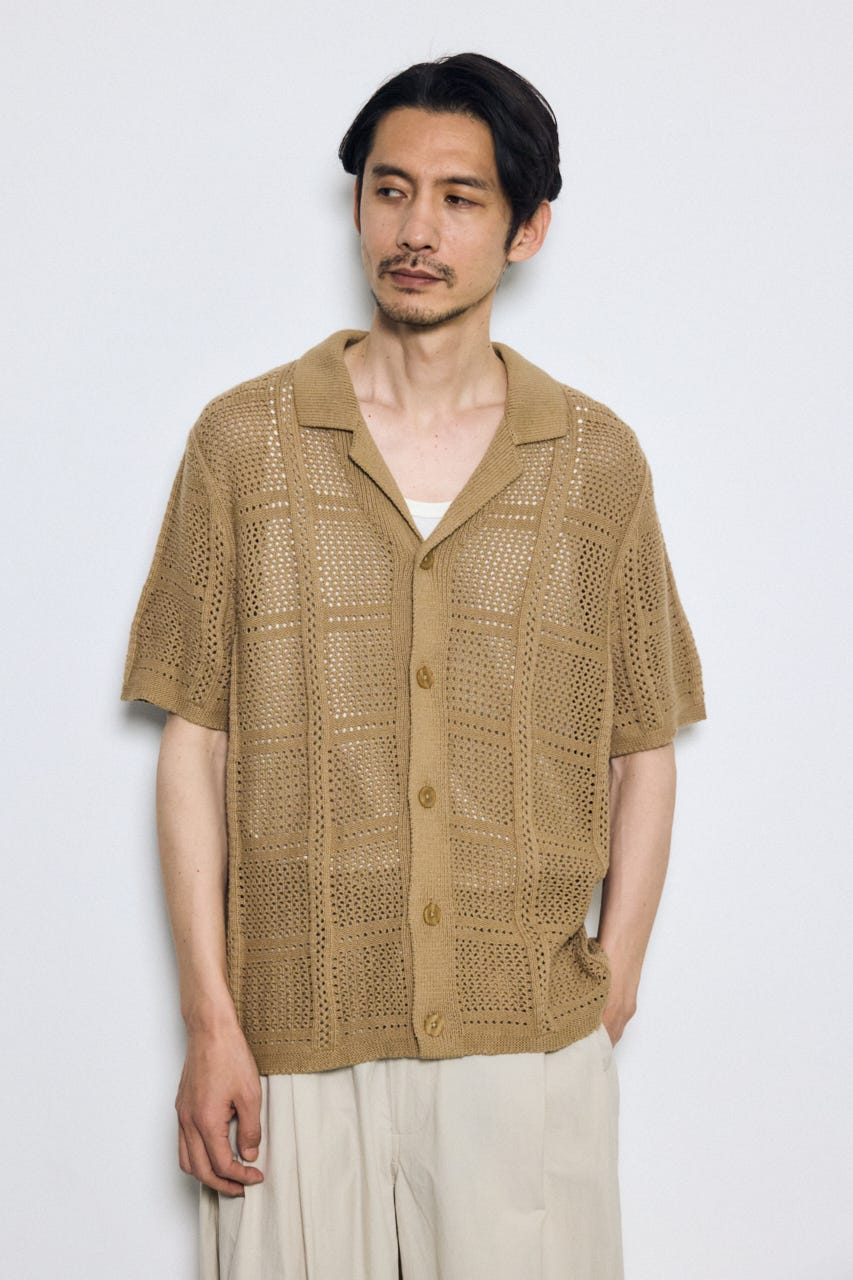 スクエアパターンニットメッシュシャツ BEG M