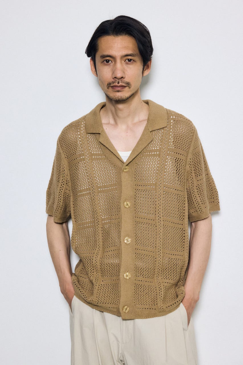 スクエアパターンニットメッシュシャツ BEG M