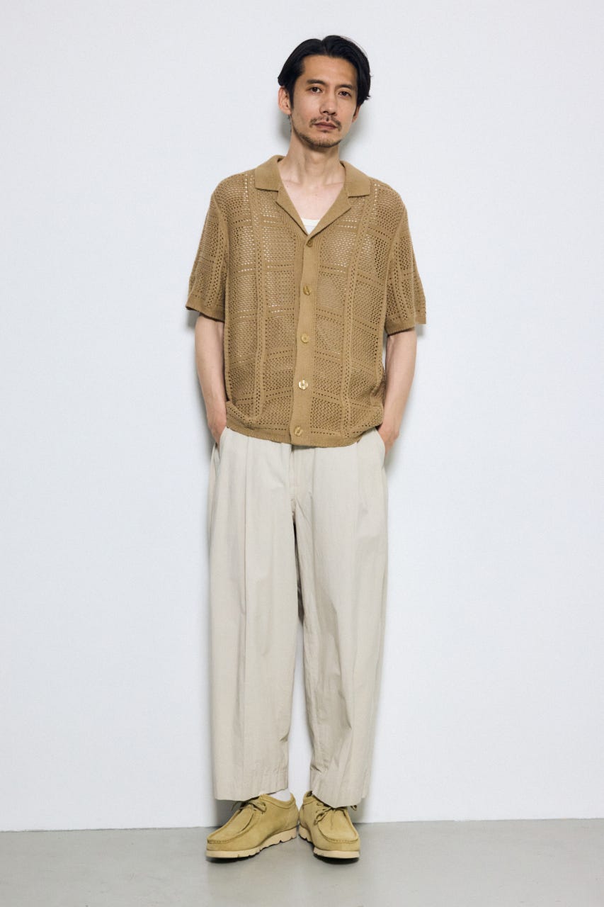 スクエアパターンニットメッシュシャツ BEG M