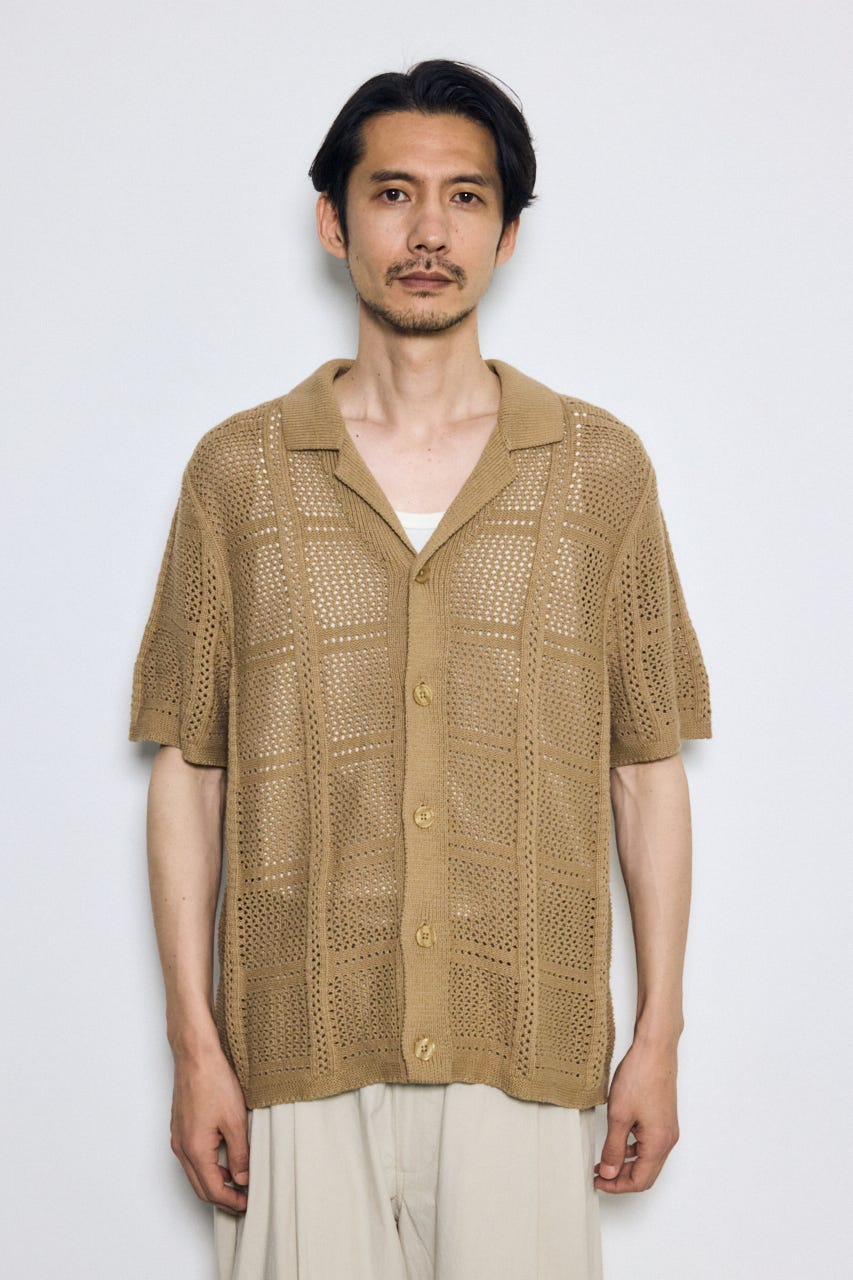 スクエアパターンニットメッシュシャツ BEG M