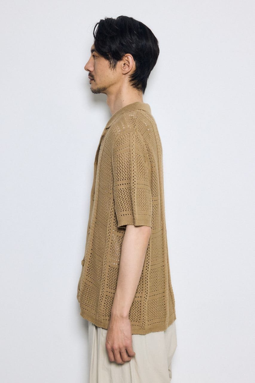 スクエアパターンニットメッシュシャツ BEG M