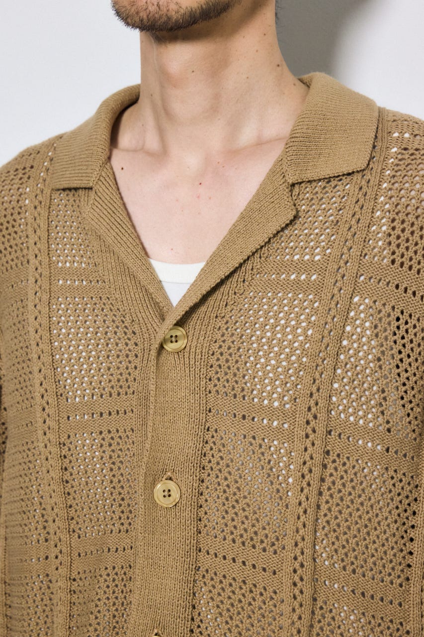 スクエアパターンニットメッシュシャツ BEG M