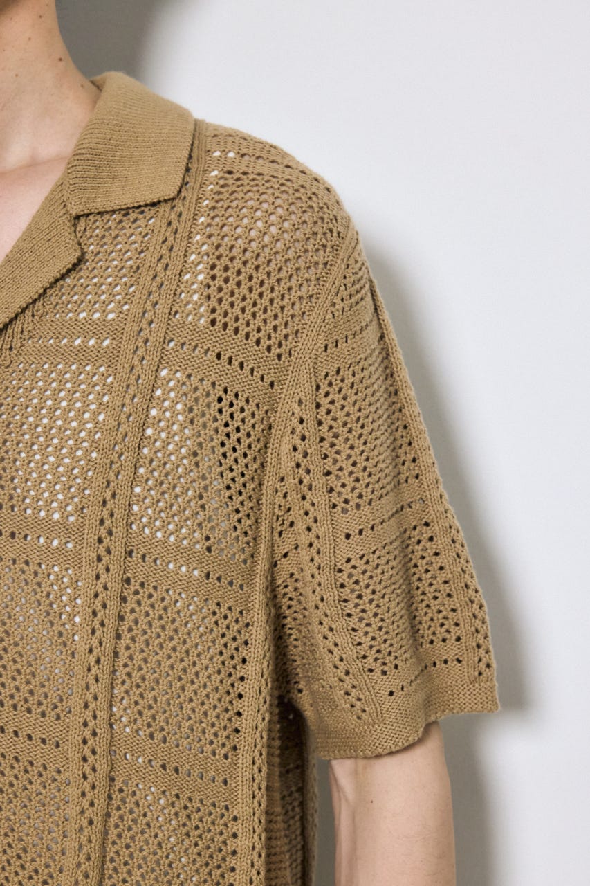 スクエアパターンニットメッシュシャツ BEG M