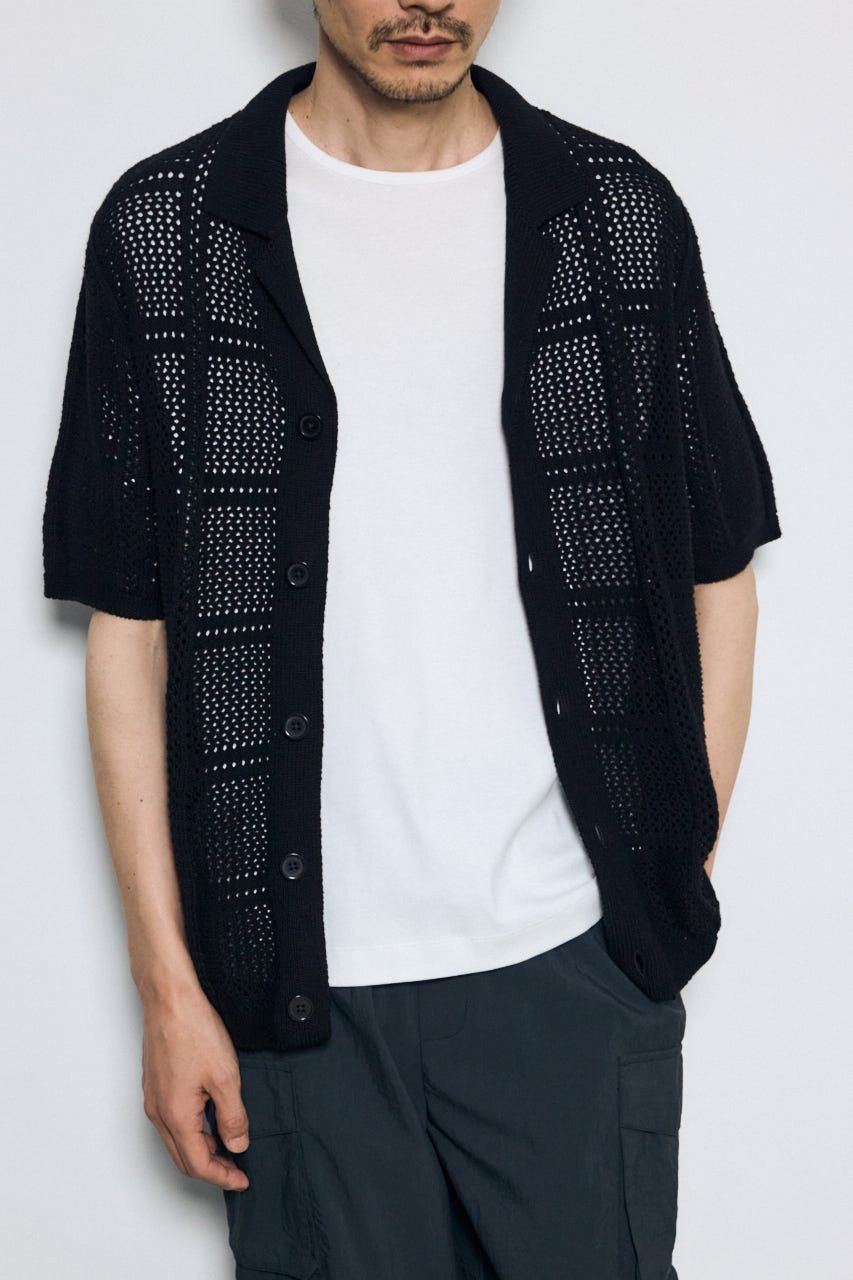 スクエアパターンニットメッシュシャツ BLK L
