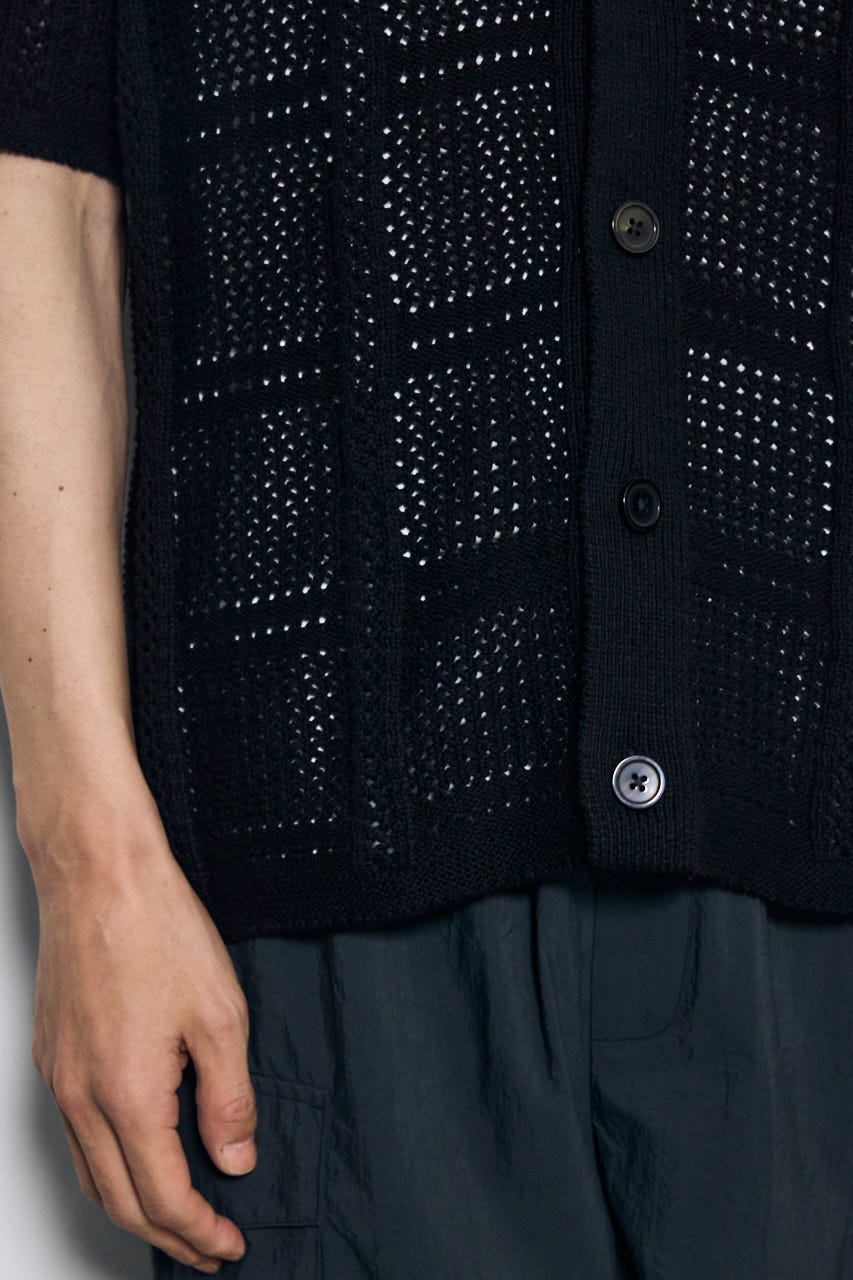 スクエアパターンニットメッシュシャツ BLK L
