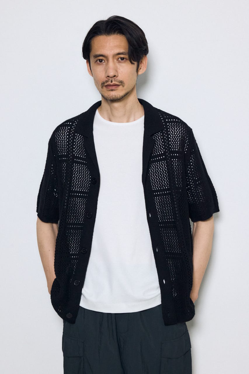 スクエアパターンニットメッシュシャツ BLK L