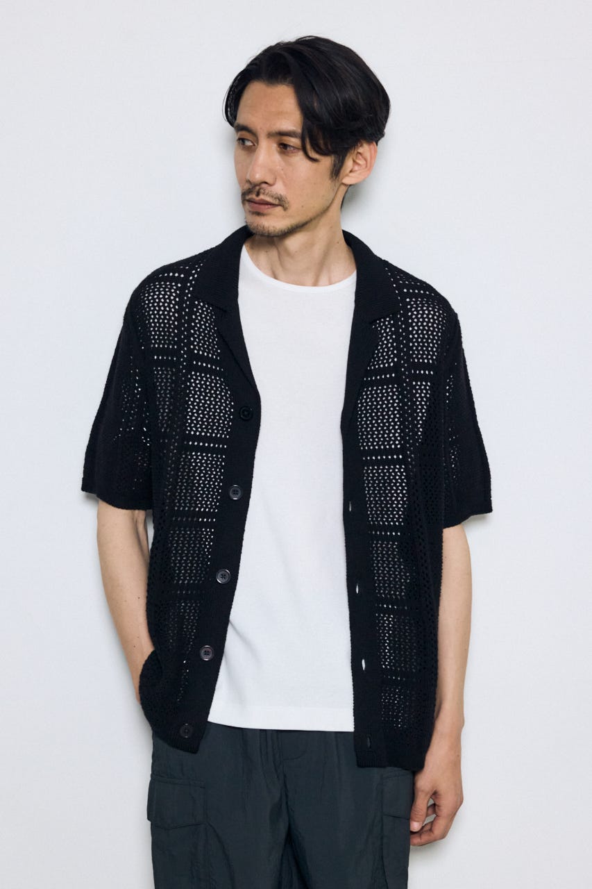 スクエアパターンニットメッシュシャツ BLK L