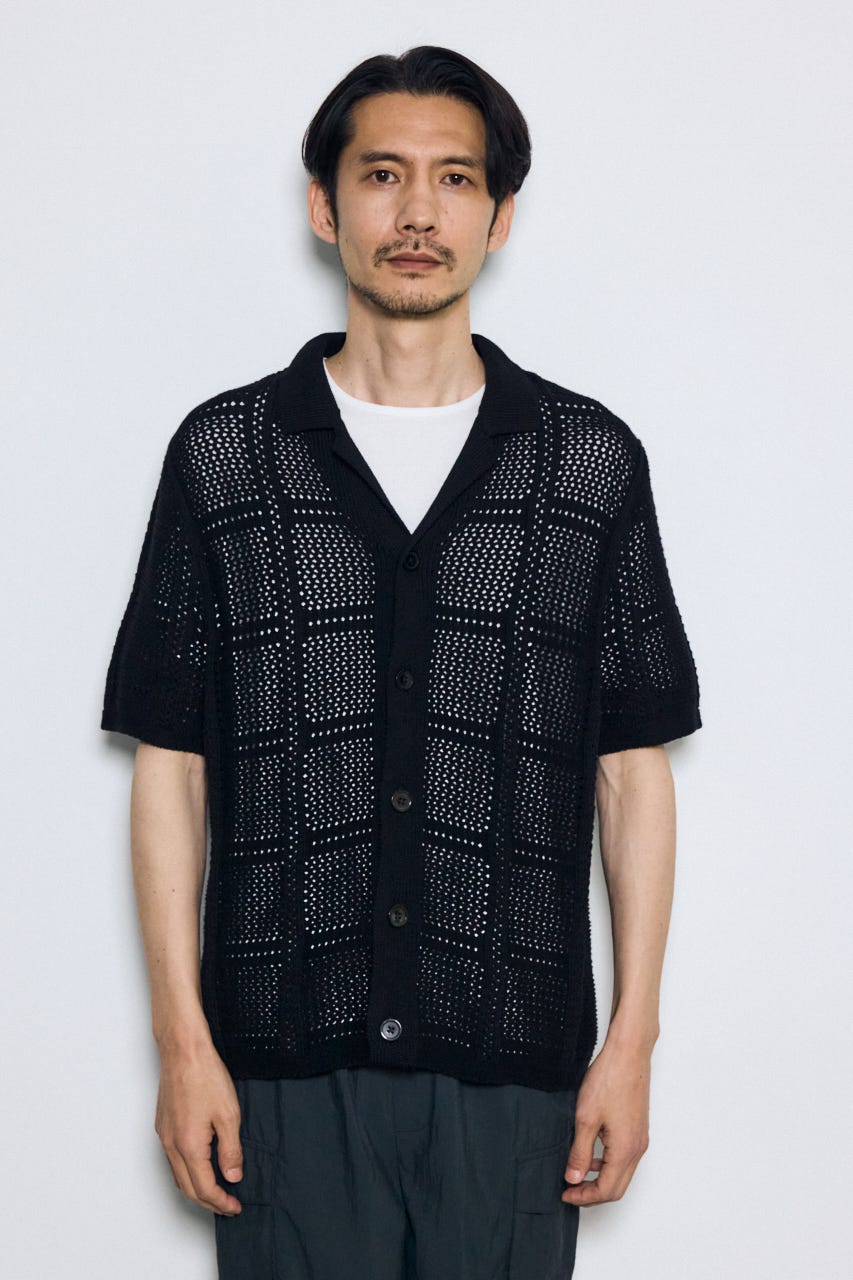 スクエアパターンニットメッシュシャツ BLK L