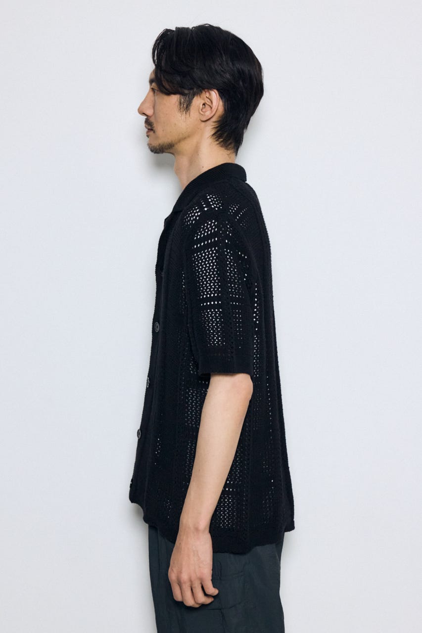 スクエアパターンニットメッシュシャツ BLK L
