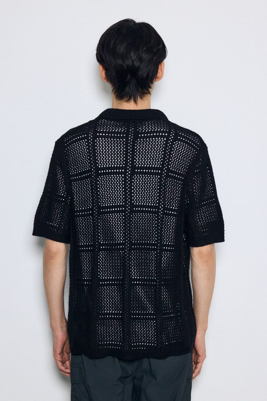 スクエアパターンニットメッシュシャツ BLK L