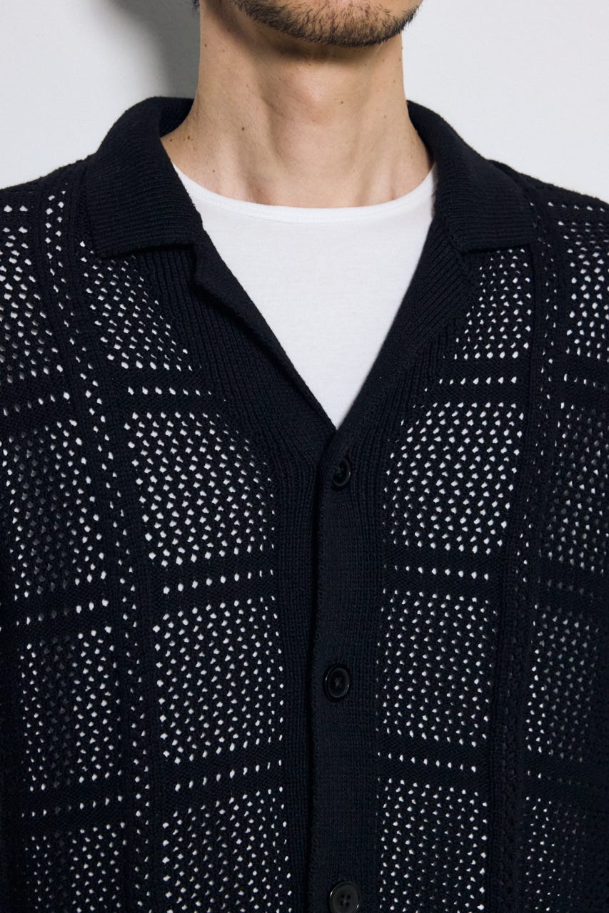 スクエアパターンニットメッシュシャツ BLK L
