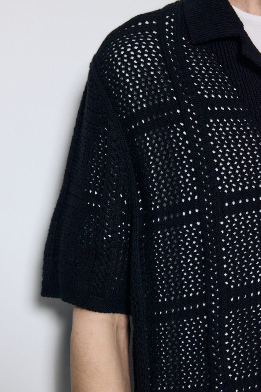 スクエアパターンニットメッシュシャツ BLK L