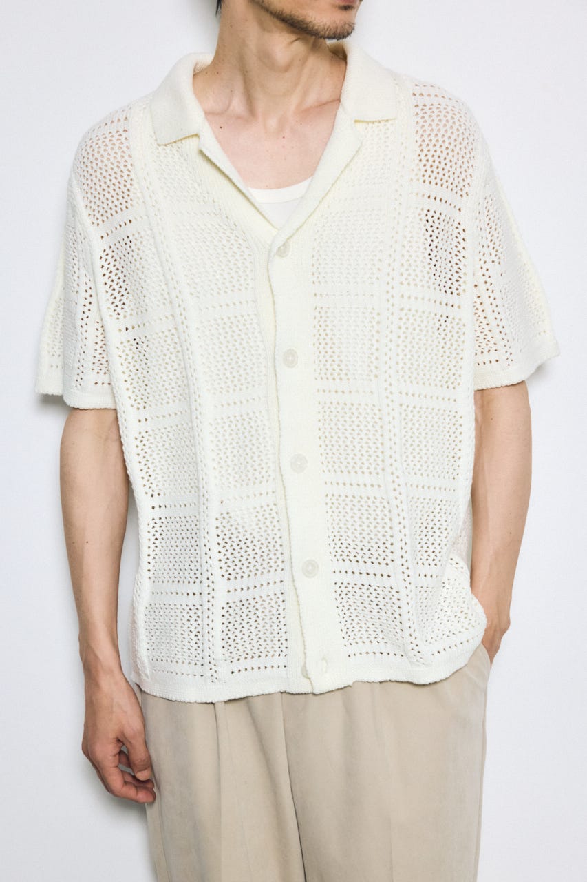 スクエアパターンニットメッシュシャツ O/WHT M