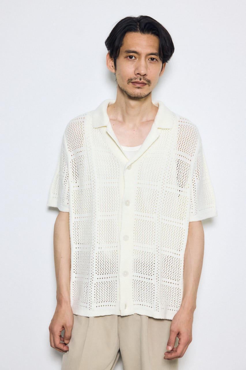 スクエアパターンニットメッシュシャツ O/WHT M