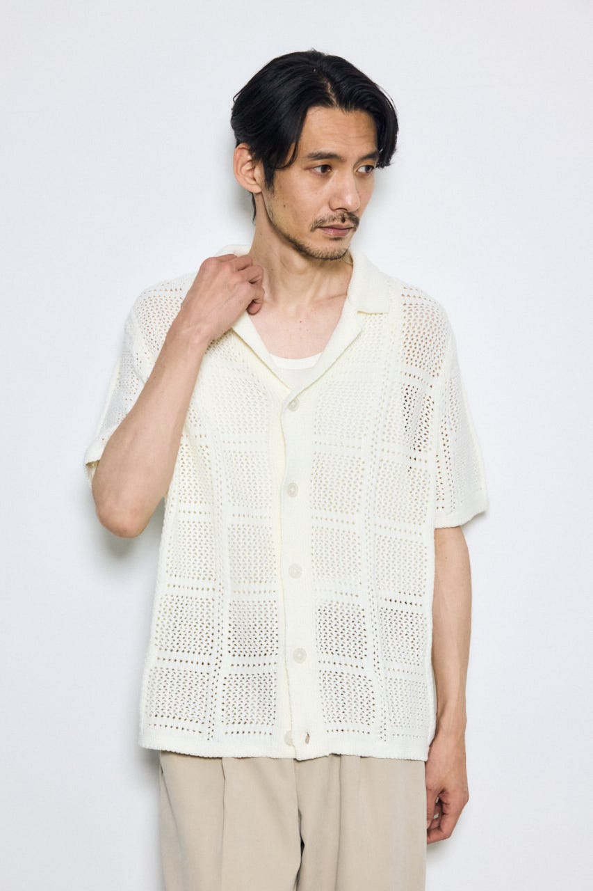 スクエアパターンニットメッシュシャツ O/WHT M