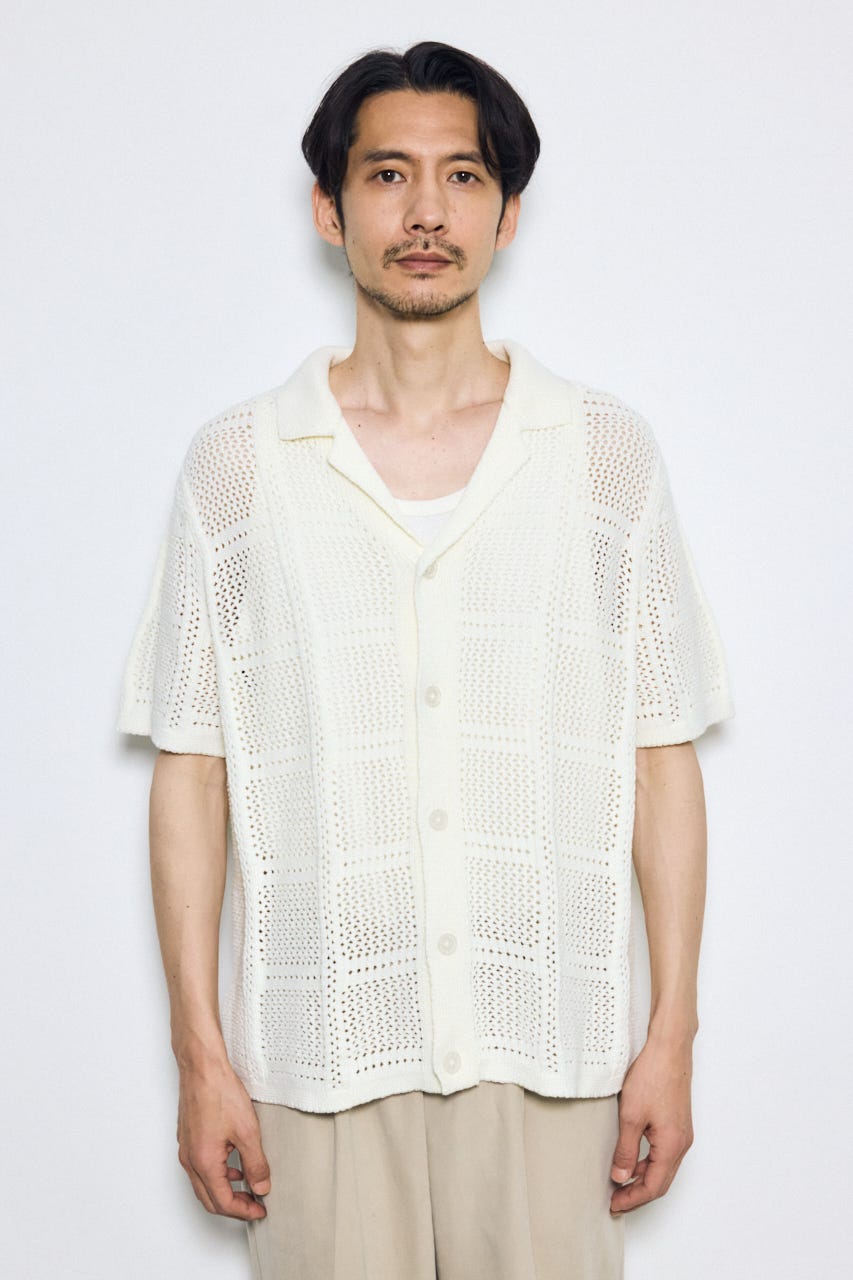 スクエアパターンニットメッシュシャツ O/WHT M