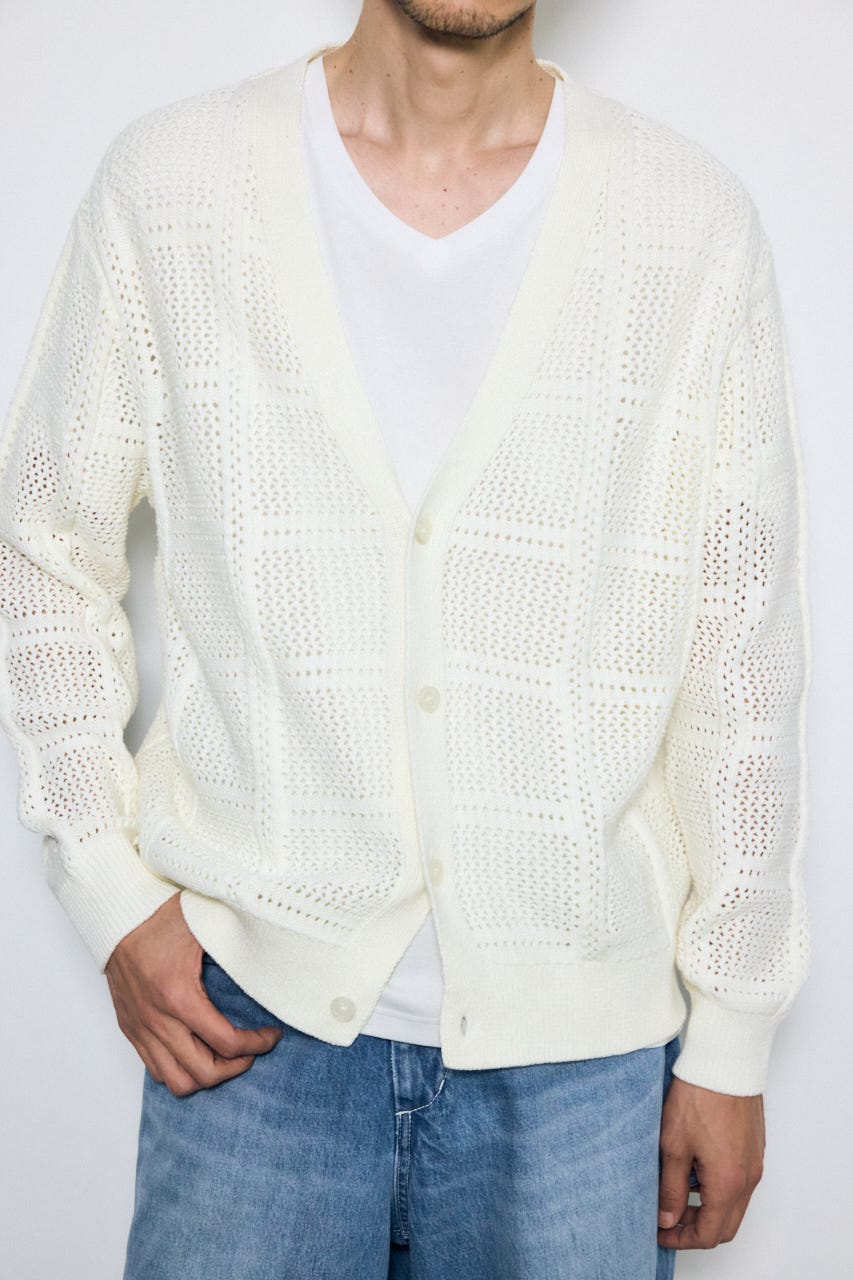 コットンメッシュニットカーディガン O/WHT M