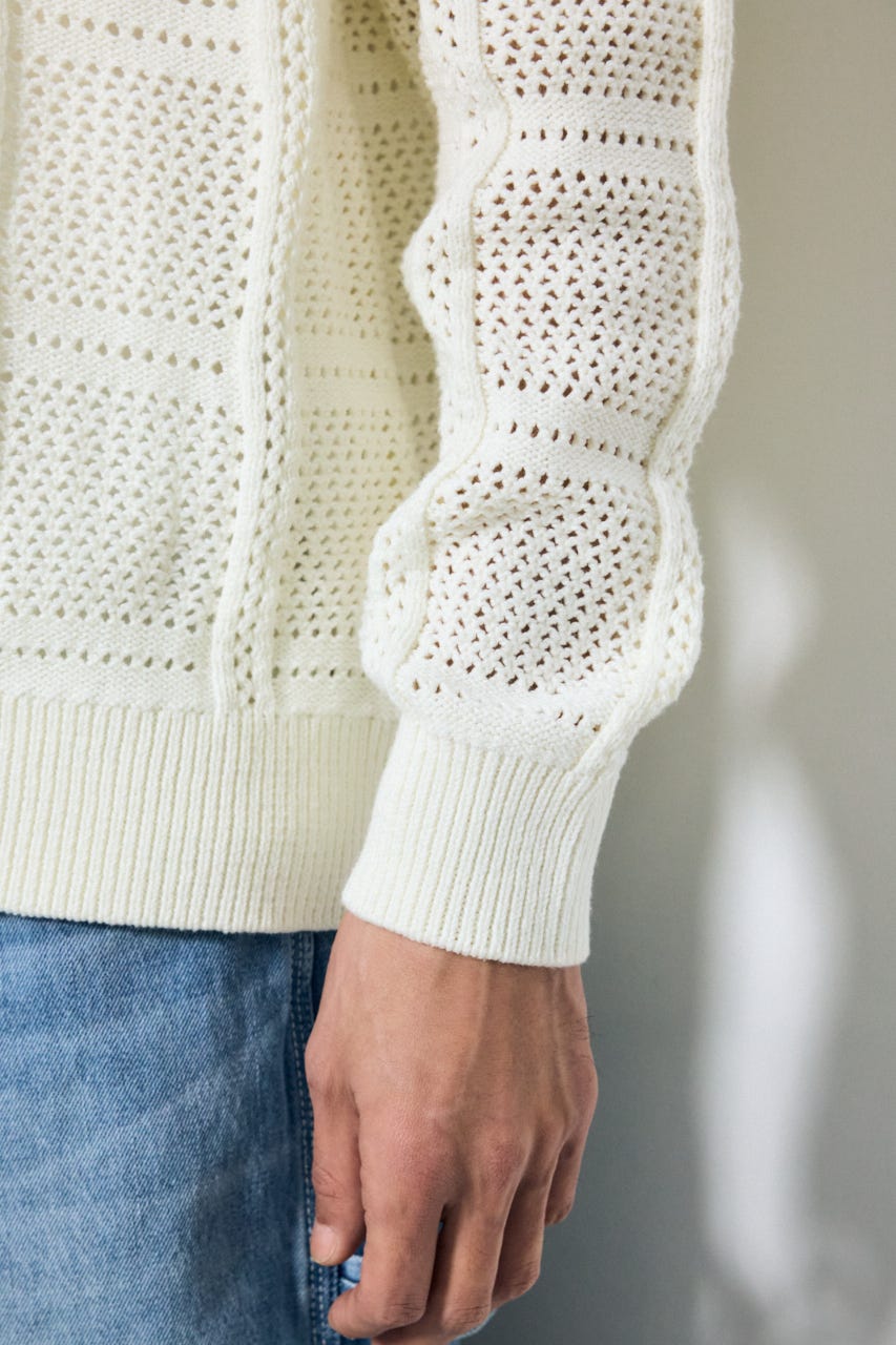 コットンメッシュニットカーディガン O/WHT M