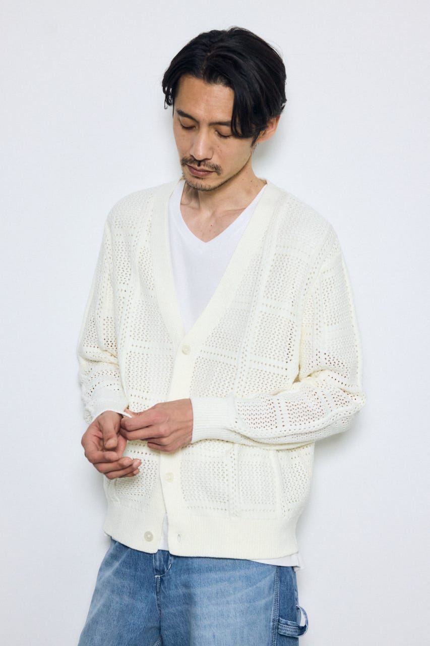 コットンメッシュニットカーディガン O/WHT M