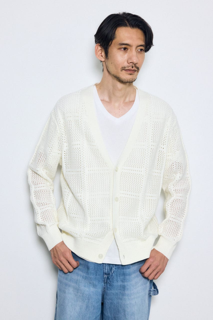 コットンメッシュニットカーディガン O/WHT M