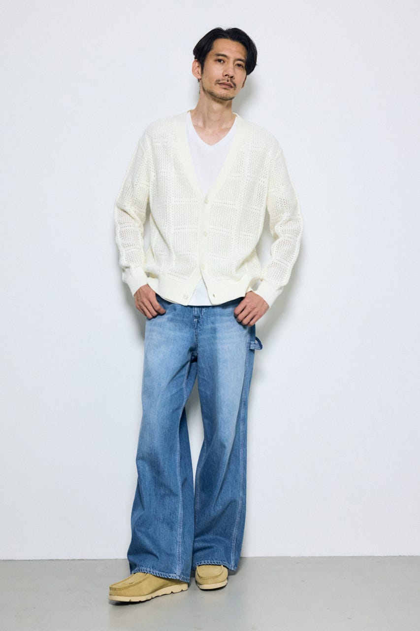 コットンメッシュニットカーディガン O/WHT M