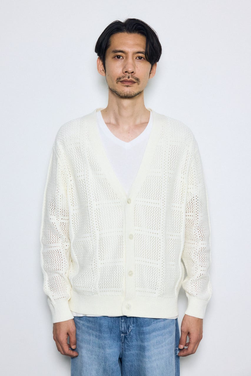 コットンメッシュニットカーディガン O/WHT M