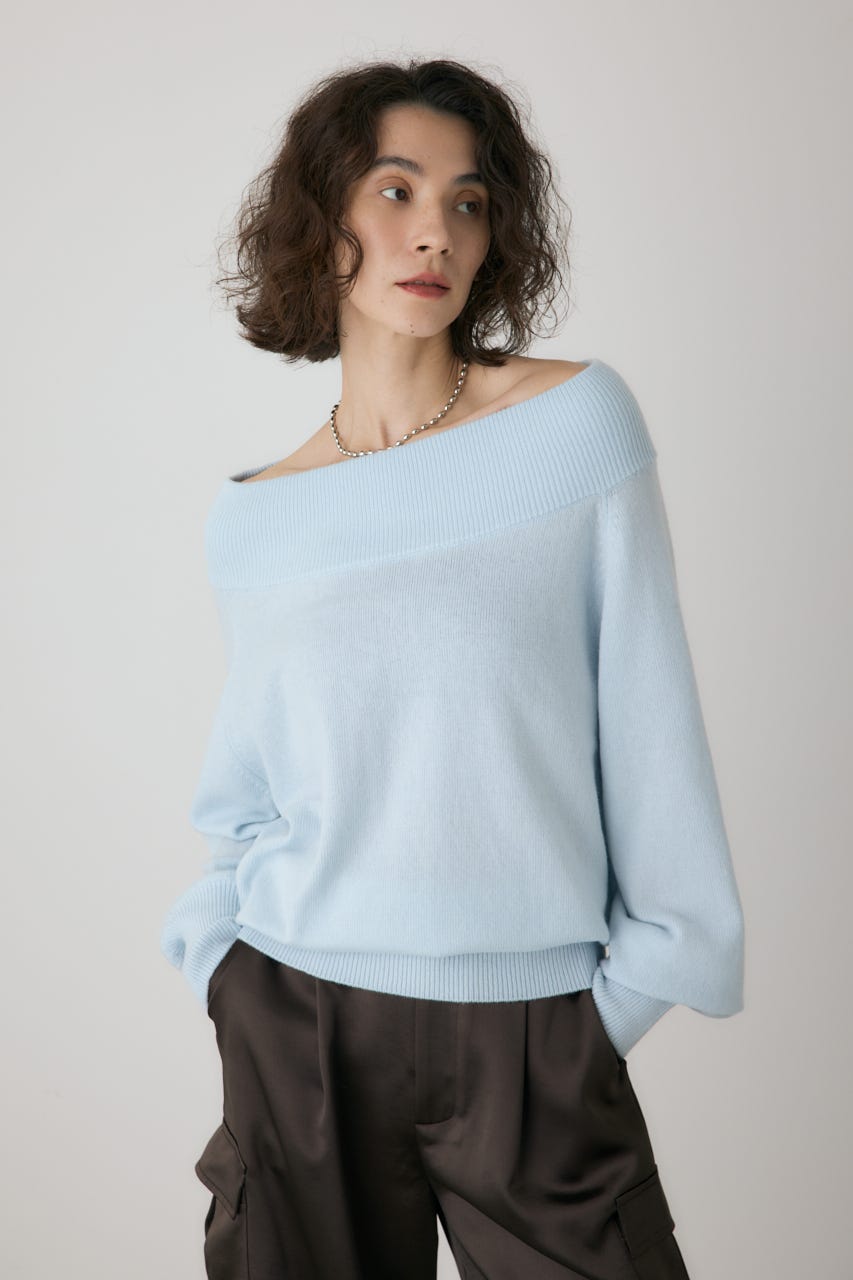 ワイドボートネックニット L/BLU FREE