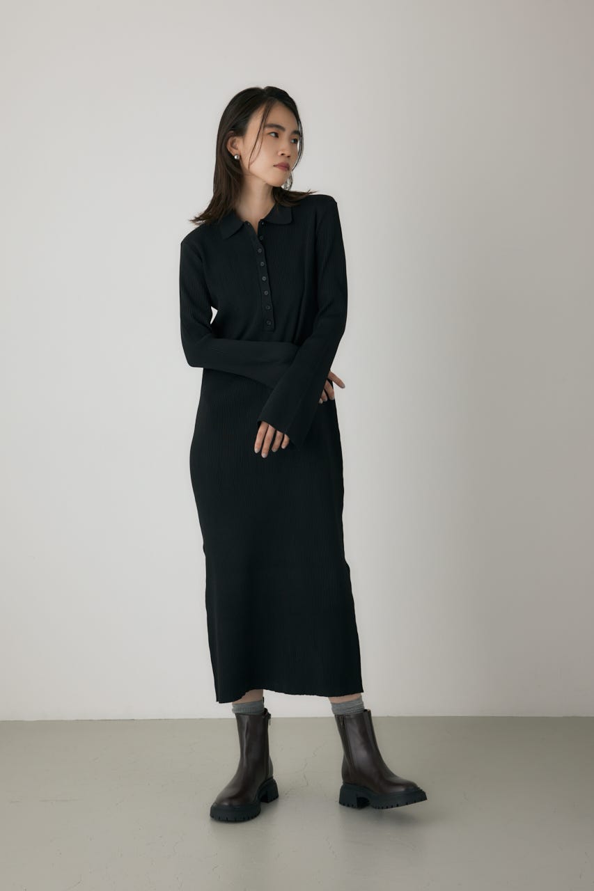 ポロリブニットワンピース BLK FREE