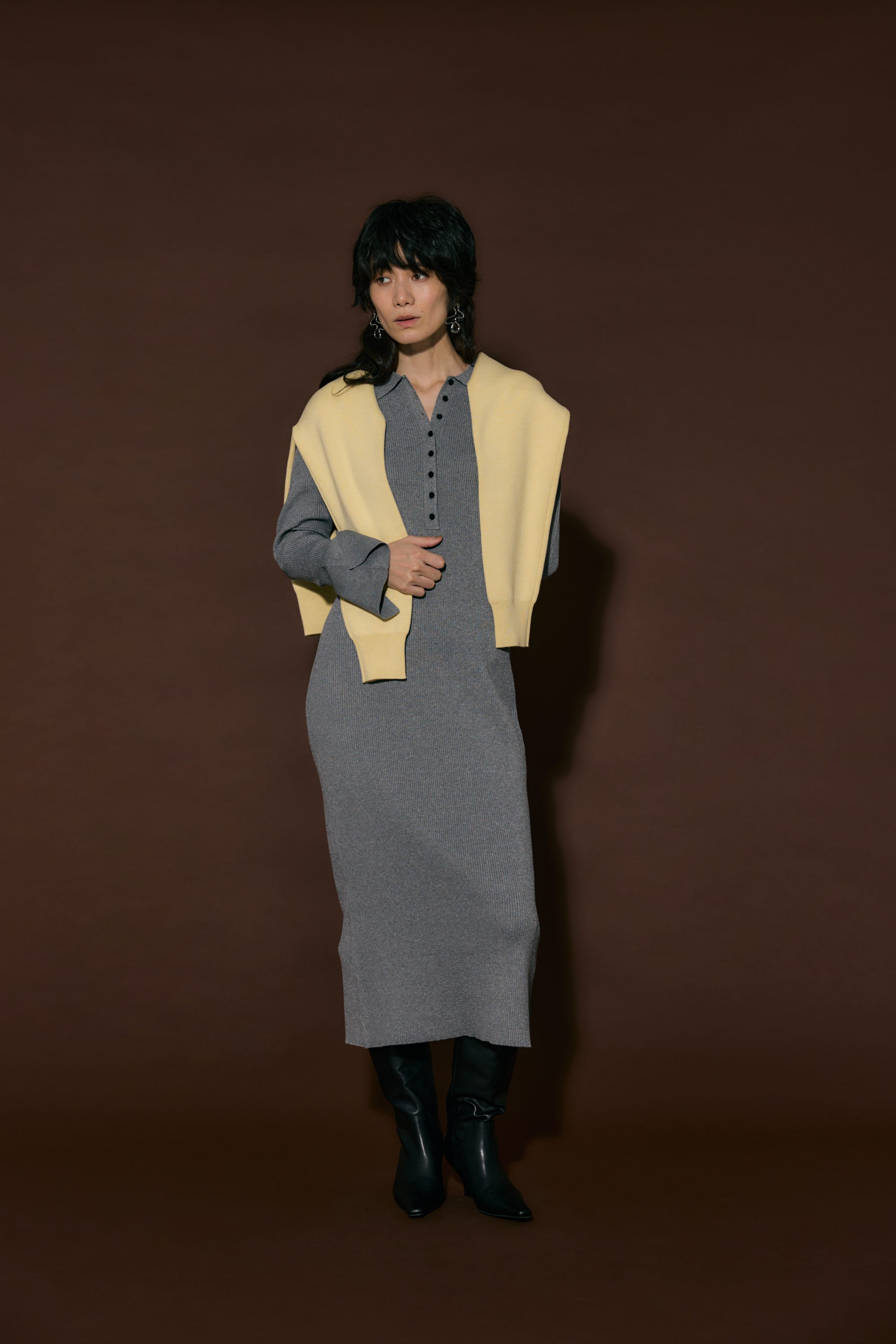 ポロリブニットワンピース GRY FREE