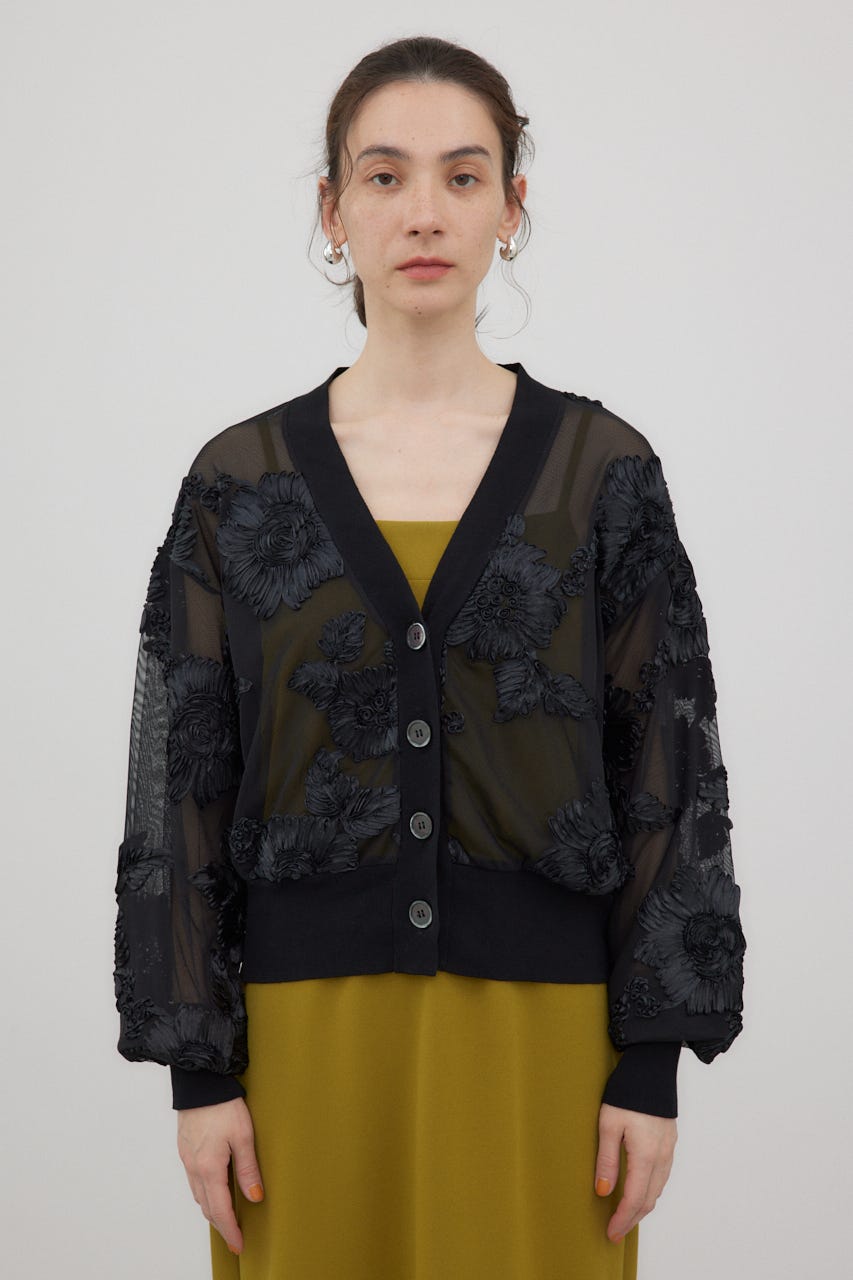 リボンエンブロイダリーシアーカーディガン BLK FREE