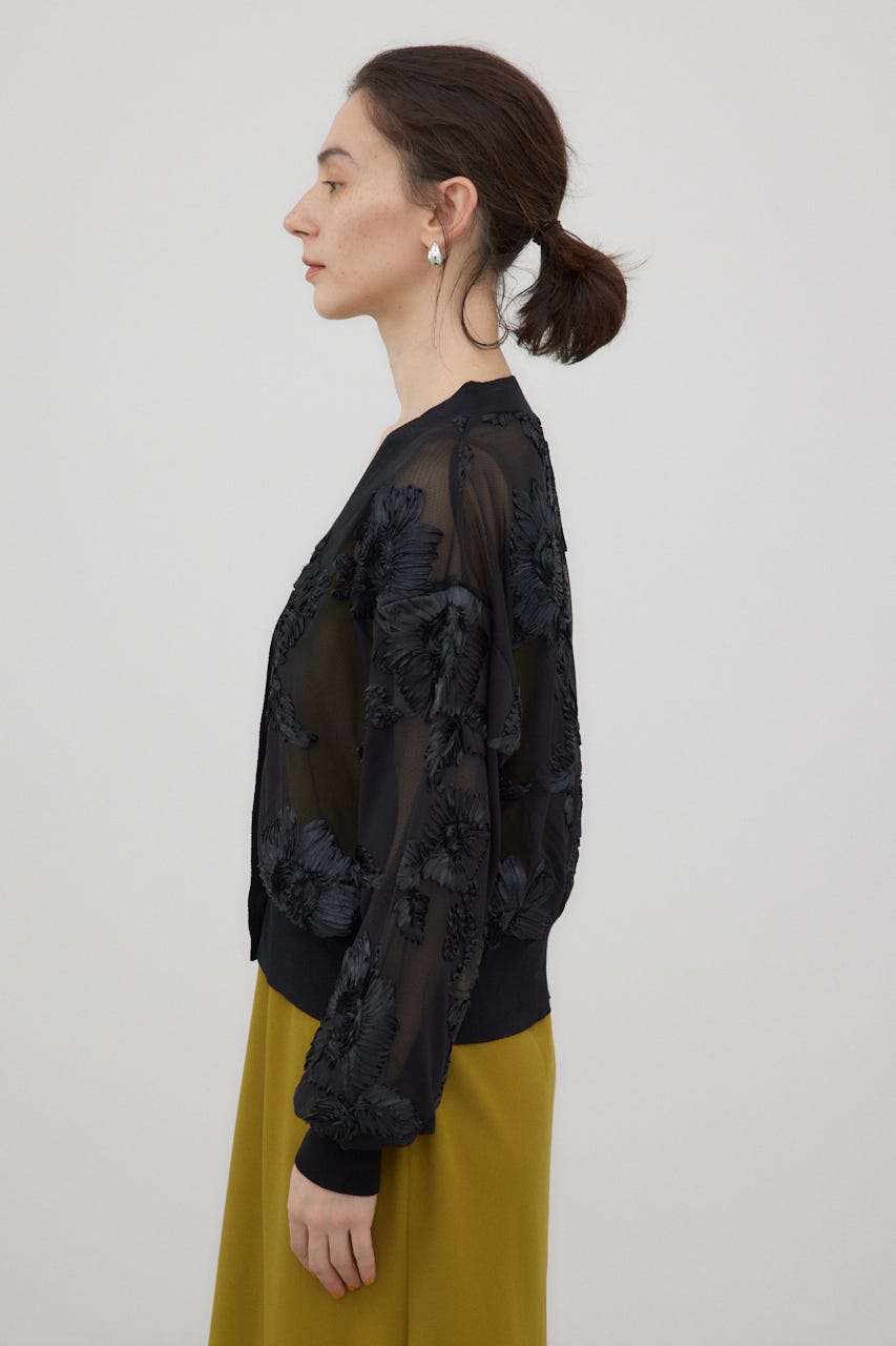 リボンエンブロイダリーシアーカーディガン BLK FREE