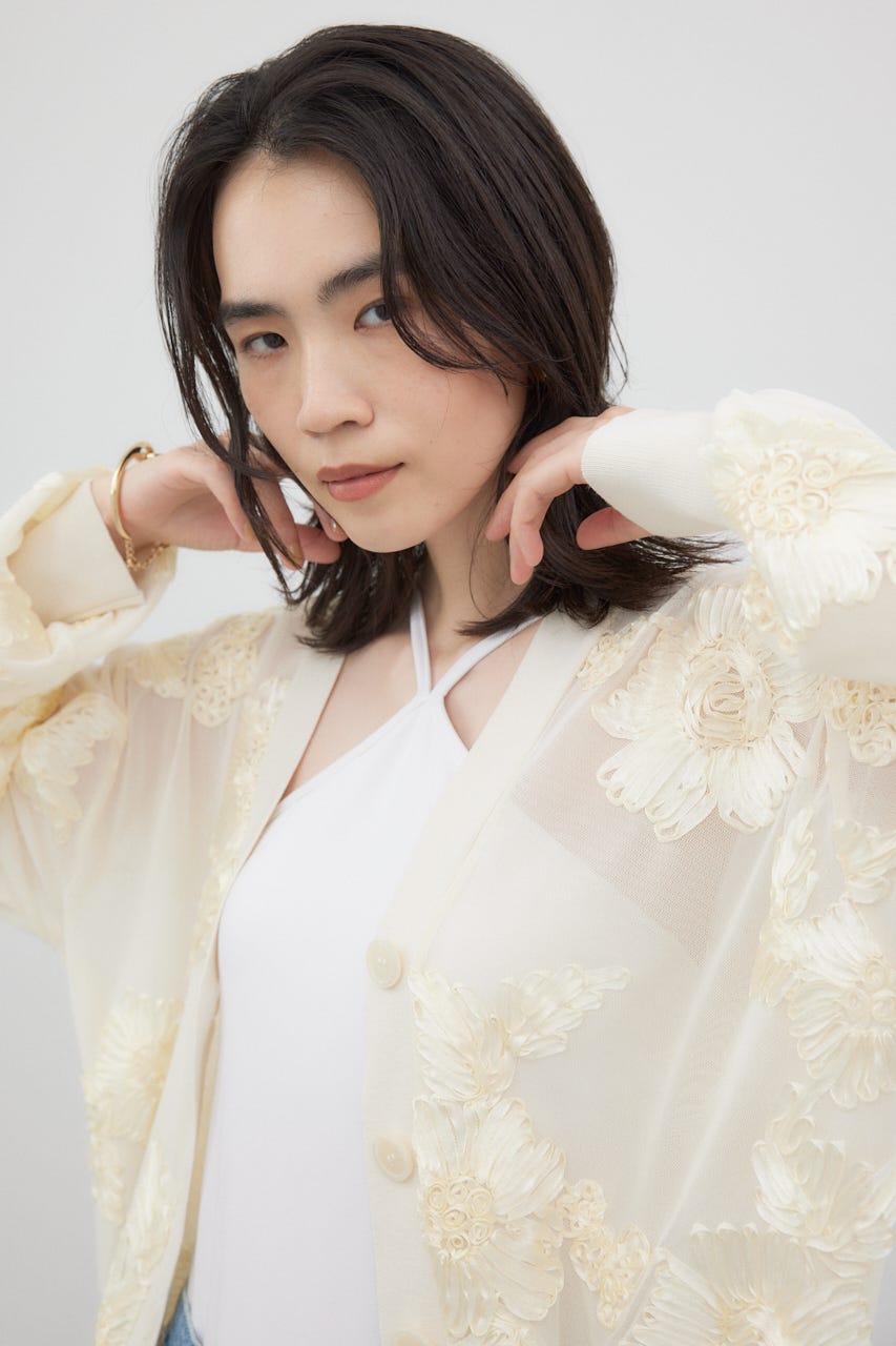 リボンエンブロイダリーシアーカーディガン IVOY FREE