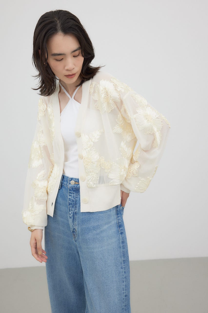 リボンエンブロイダリーシアーカーディガン IVOY FREE