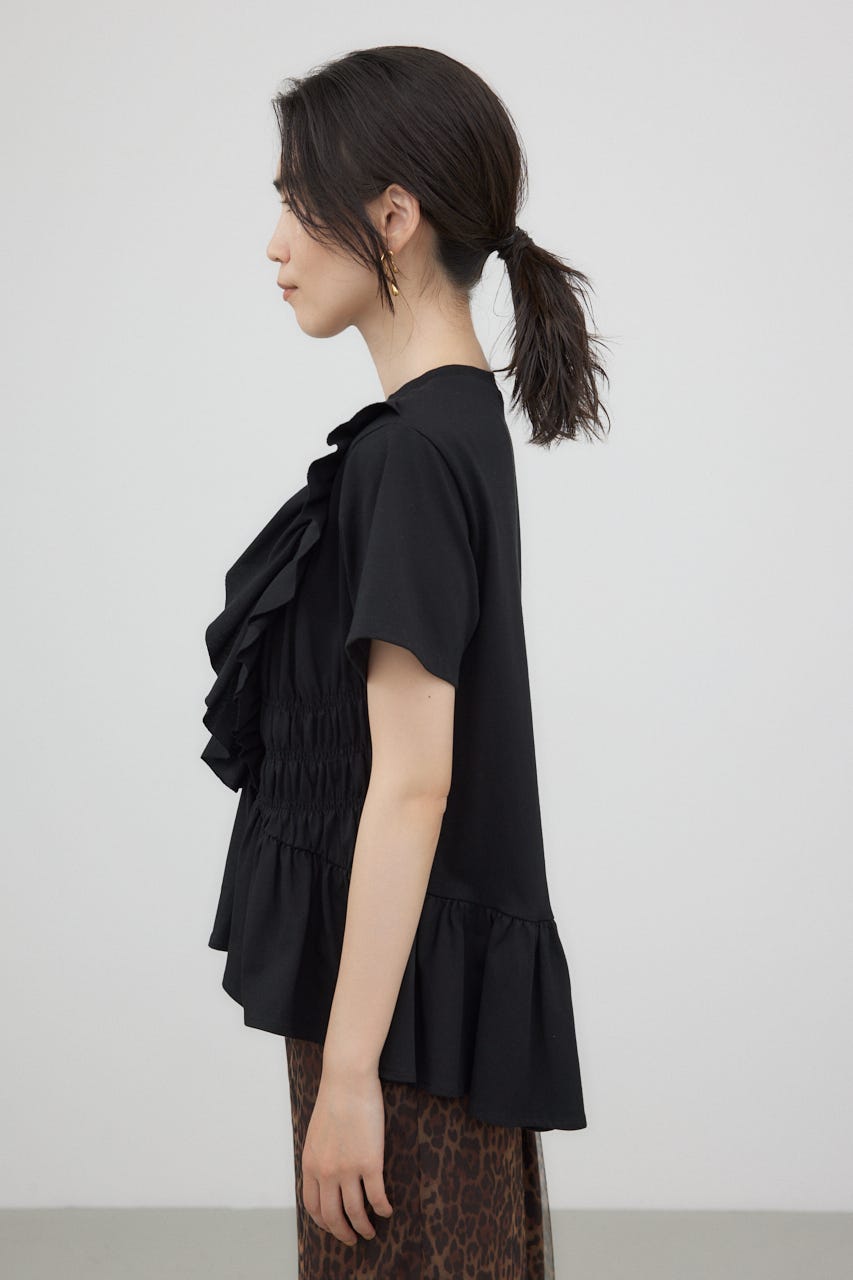 フリル袖ハイネックブラックスウェット 【tanakadaisuke】 crie conforto | フリルシャーリングプルオーバー (Tシャツ