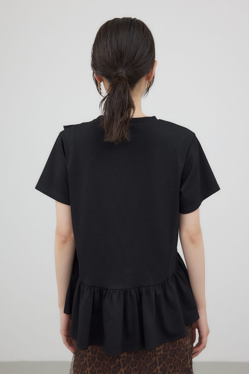 tシャツ フリルシャーリングプルオーバー レディース moment+ ブラウス シャツ シフォンジョーゼット半袖フリル