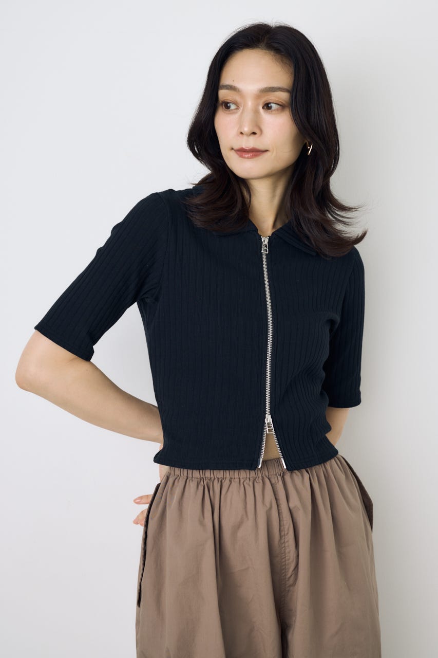 【WEB限定】ZIP5分袖リブカーデ BLK FREE